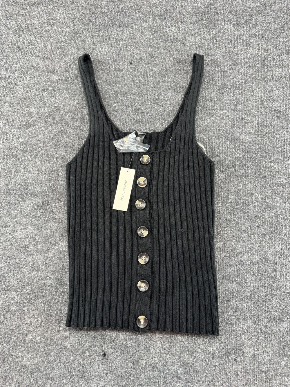 Alya Tank Top Womens Medium Black Ribbed Button Front Scoop Neck Knit Stretch